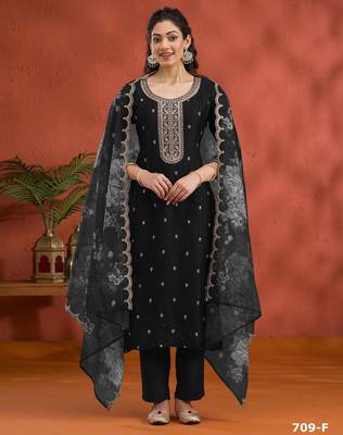 Black blue silk semi stitched wedding suits 1