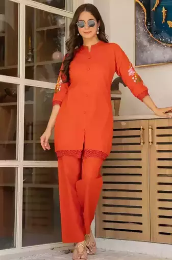 Rust Embroidered Cotton Co-Ord Set