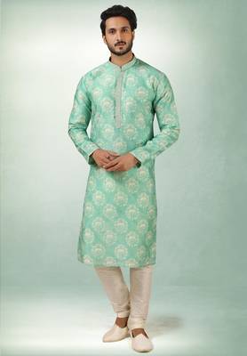 men's green  kurta churidar with print on art silk fabric and with lining 1