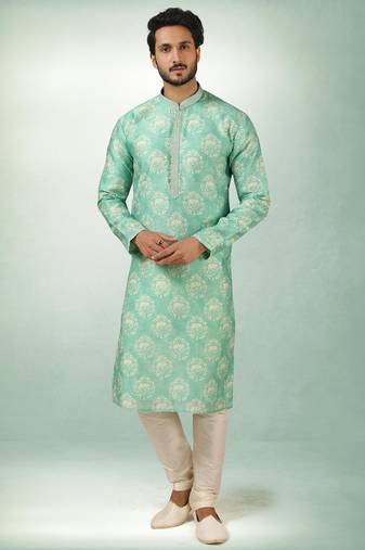 Men's green  kurta with print on art silk fabric and with lining