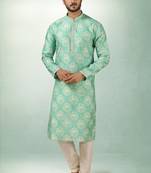 men's green  kurta churidar with print on art silk fabric and with lining
