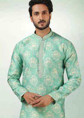 men's green  kurta churidar with print on art silk fabric and with lining 2