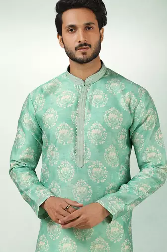 men's green  kurta churidar with print on art silk fabric and with lining
