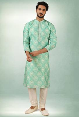 men's green  kurta churidar with print on art silk fabric and with lining 3