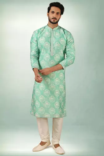 men's green  kurta churidar with print on art silk fabric and with lining