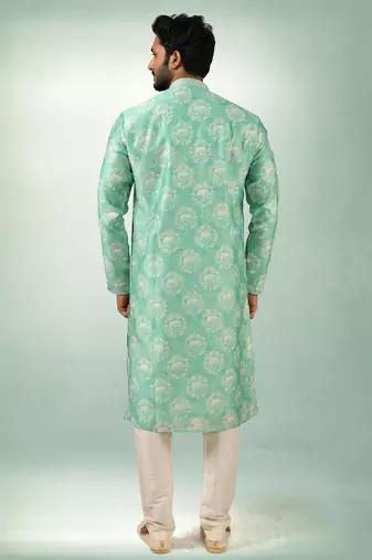 men's green  kurta churidar with print on art silk fabric and with lining