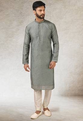 men's gray  kurta churidar with print on art silk fabric and with lining 1