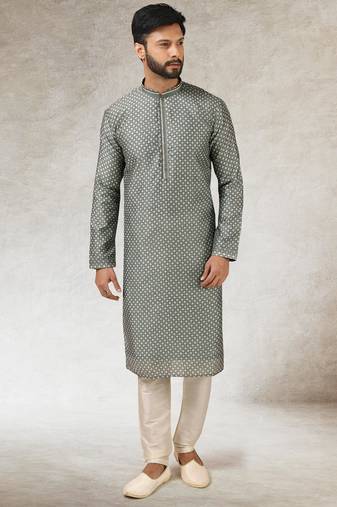Men's gray  kurta with print on art silk fabric and with lining