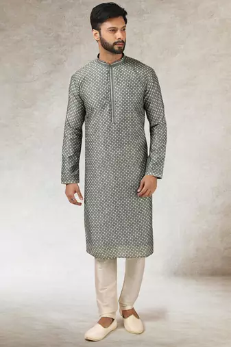 Men's gray  kurta with print on art silk fabric and with lining