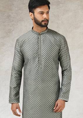 men's gray  kurta churidar with print on art silk fabric and with lining 2