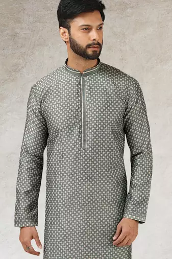 men's gray  kurta churidar with print on art silk fabric and with lining