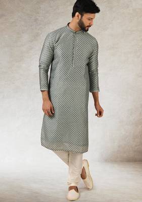 men's gray  kurta churidar with print on art silk fabric and with lining 3