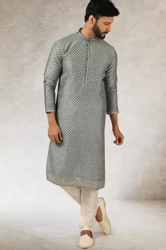 men's gray  kurta churidar with print on art silk fabric and with lining