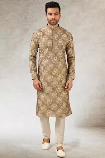 Men's brown  kurta with print on art silk fabric and with lining