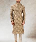 men's brown  kurta churidar with print on art silk fabric and with lining