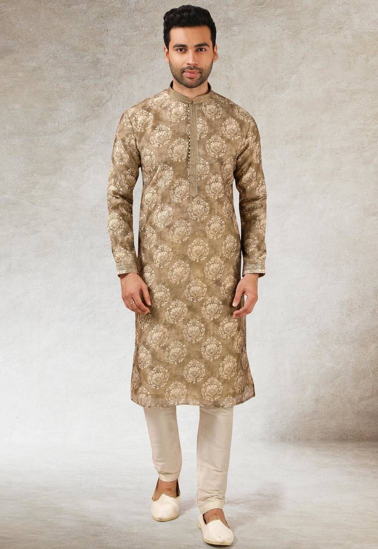 Men's brown  kurta with print on art silk fabric and with lining