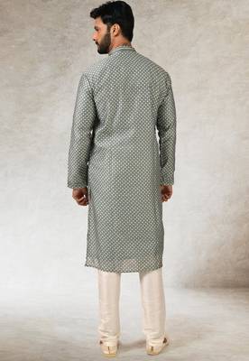 men's gray  kurta churidar with print on art silk fabric and with lining 4