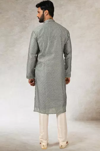 men's gray  kurta churidar with print on art silk fabric and with lining