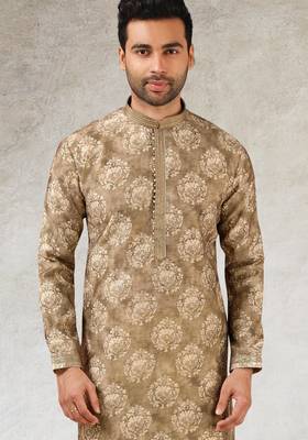 men's brown  kurta churidar with print on art silk fabric and with lining 2
