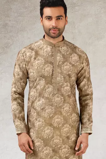 men's brown  kurta churidar with print on art silk fabric and with lining