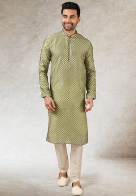men's green  kurta churidar with print on art silk fabric and with lining 1
