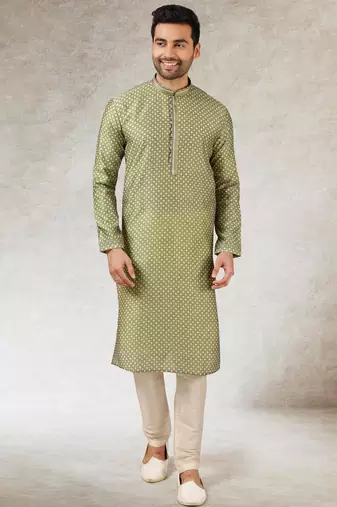 Men's green  kurta with print on art silk fabric and with lining