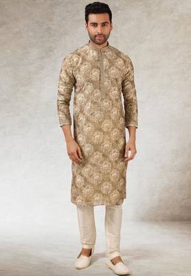 men's brown  kurta churidar with print on art silk fabric and with lining 3