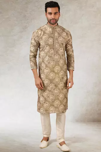 men's brown  kurta churidar with print on art silk fabric and with lining
