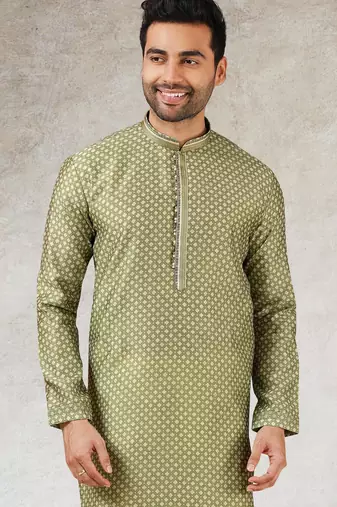 men's green  kurta churidar with print on art silk fabric and with lining