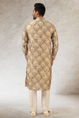 men's brown  kurta churidar with print on art silk fabric and with lining 4