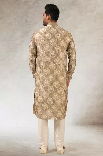 men's brown  kurta churidar with print on art silk fabric and with lining