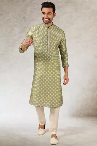 men's green  kurta churidar with print on art silk fabric and with lining