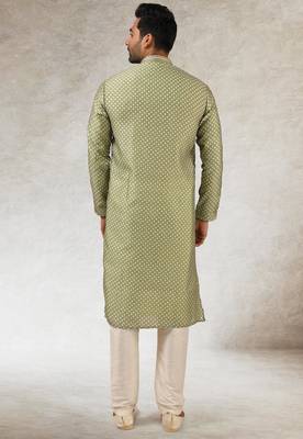 men's green  kurta churidar with print on art silk fabric and with lining 4