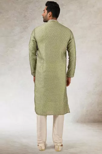 men's green  kurta churidar with print on art silk fabric and with lining