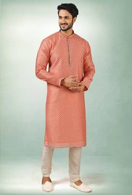 men's peach  kurta churidar with print on art silk fabric and with lining 1
