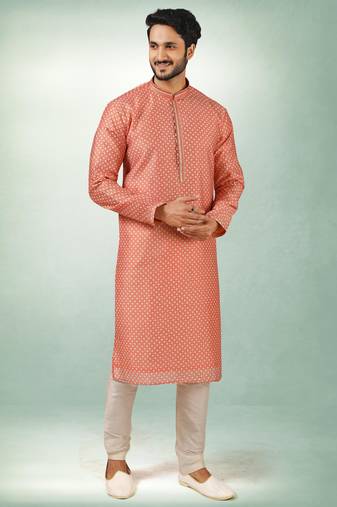Men's peach  kurta with print on art silk fabric and with lining