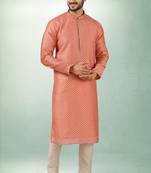 Men's peach  kurta with print on art silk fabric and with lining