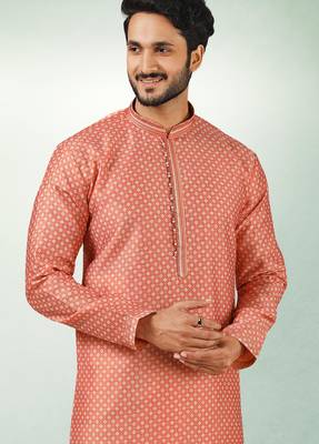 men's peach  kurta churidar with print on art silk fabric and with lining 2