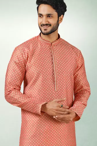 men's peach  kurta churidar with print on art silk fabric and with lining