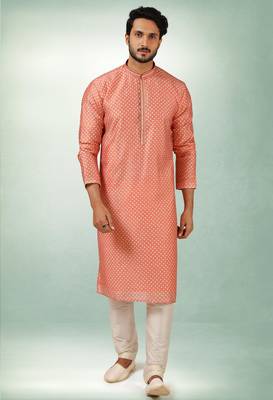 men's peach  kurta churidar with print on art silk fabric and with lining 3
