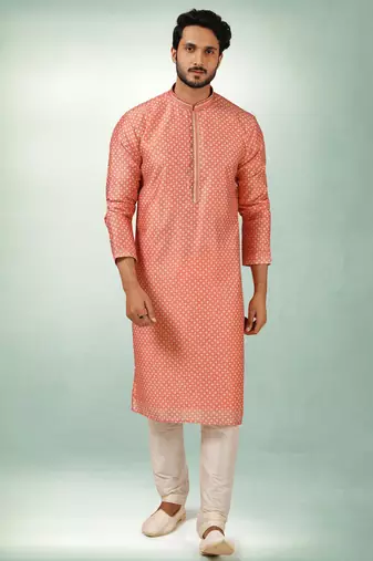 men's peach  kurta churidar with print on art silk fabric and with lining