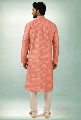 men's peach  kurta churidar with print on art silk fabric and with lining 4