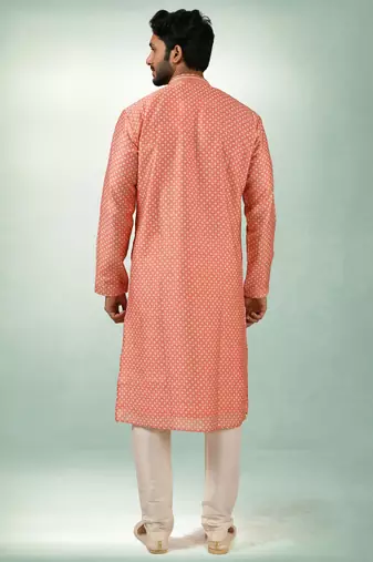 men's peach  kurta churidar with print on art silk fabric and with lining