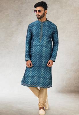 men's blue print on art silk fabric kurta churidar with with lining 1