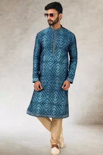Men's blue print on art silk fabric kurta with with lining