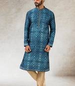 Men's blue print on art silk fabric kurta with with lining