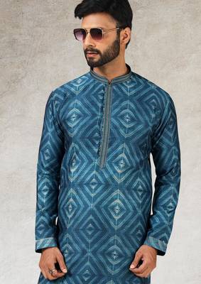 men's blue print on art silk fabric kurta churidar with with lining 2