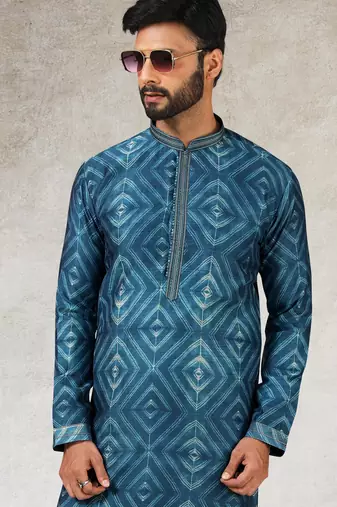 men's blue print on art silk fabric kurta churidar with with lining