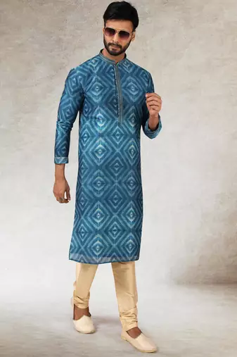 men's blue print on art silk fabric kurta churidar with with lining