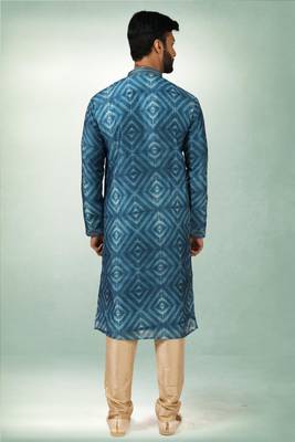 men's blue print on art silk fabric kurta churidar with with lining 4